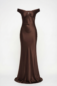 Keely Off-Shoulder Satin Maxi Dress – Brown