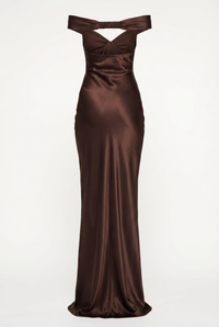 Keely Off-Shoulder Satin Maxi Dress – Brown