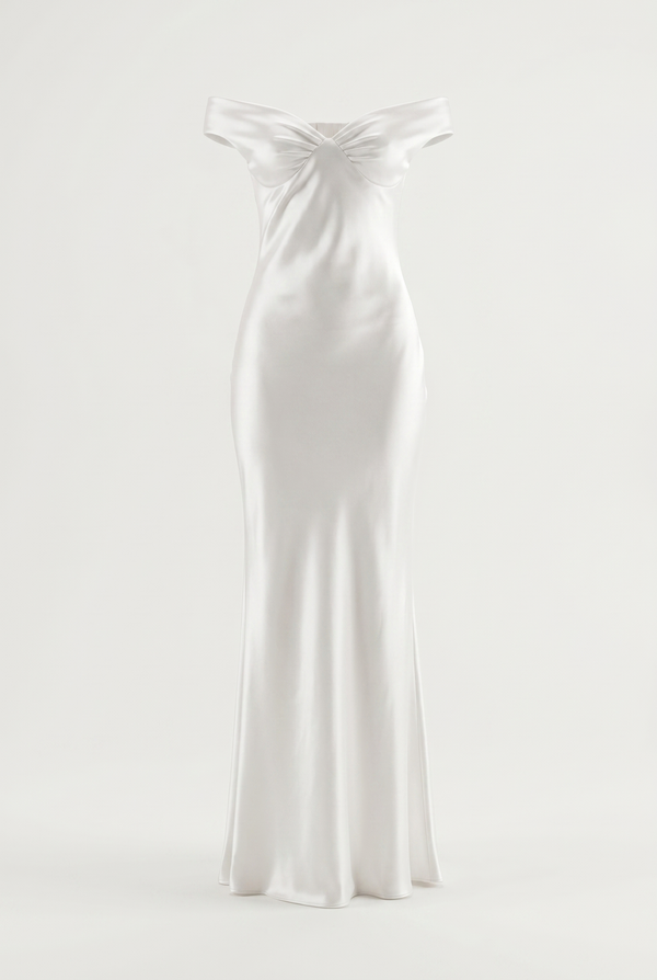Keely Off-Shoulder Satin Maxi Dress – White
