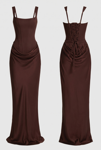 Laura Corset Ruched Maxi Dress – Brown