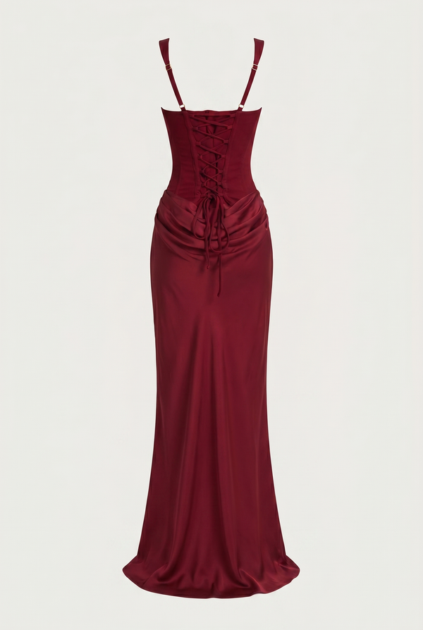 Laura Corset Ruched Maxi Dress – Burgundy