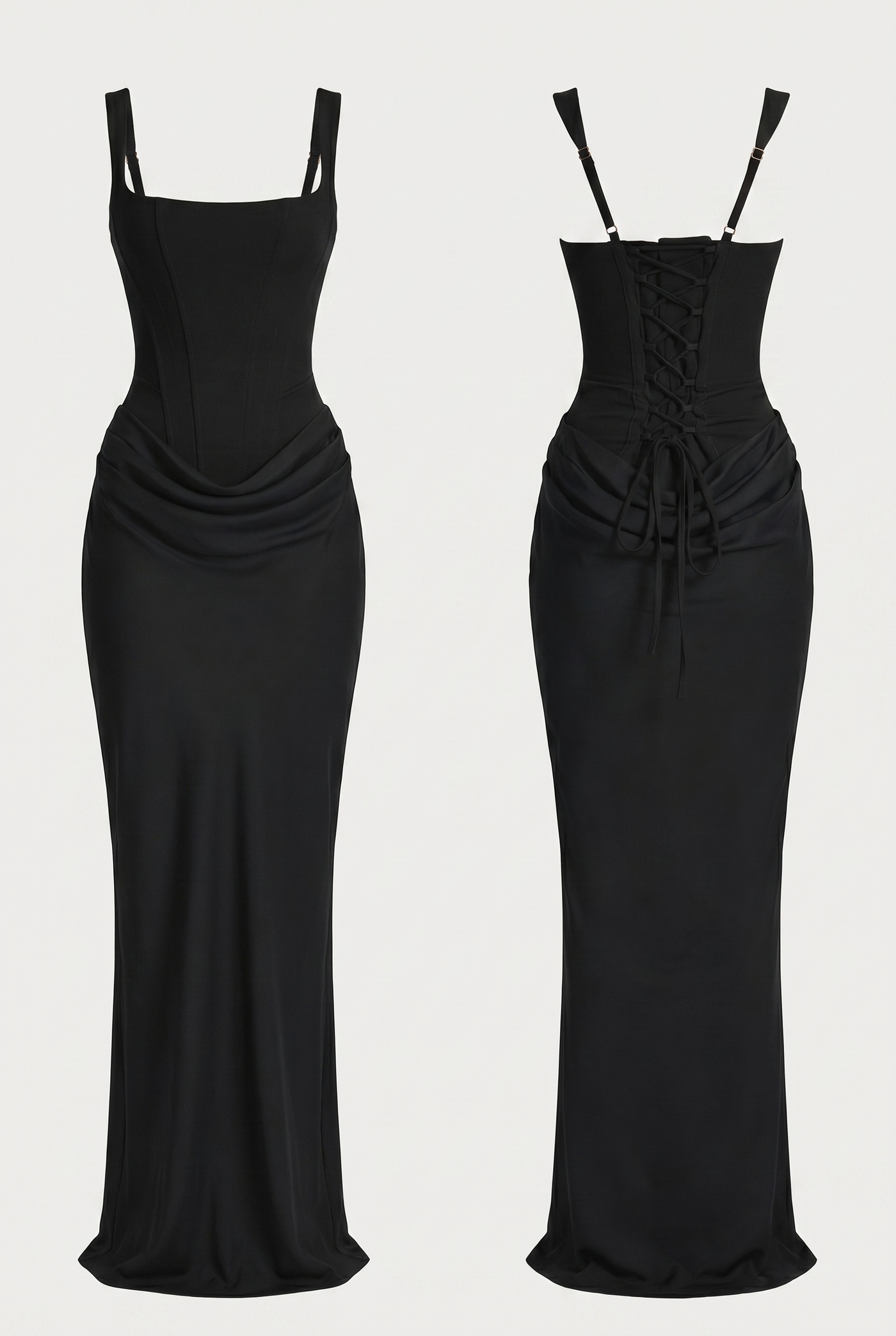 Laura Corset Ruched Maxi Dress – Black