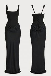 Laura Corset Ruched Maxi Dress – Black