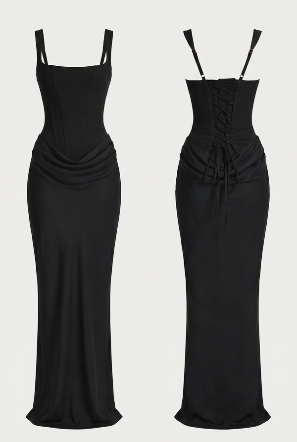 Laura Corset Ruched Maxi Dress – Black