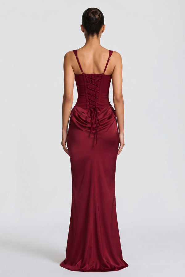 Laura Corset Ruched Maxi Dress – Burgundy