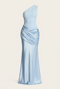 Liliane Asymmetric Draped Satin Maxi Dress – Blue