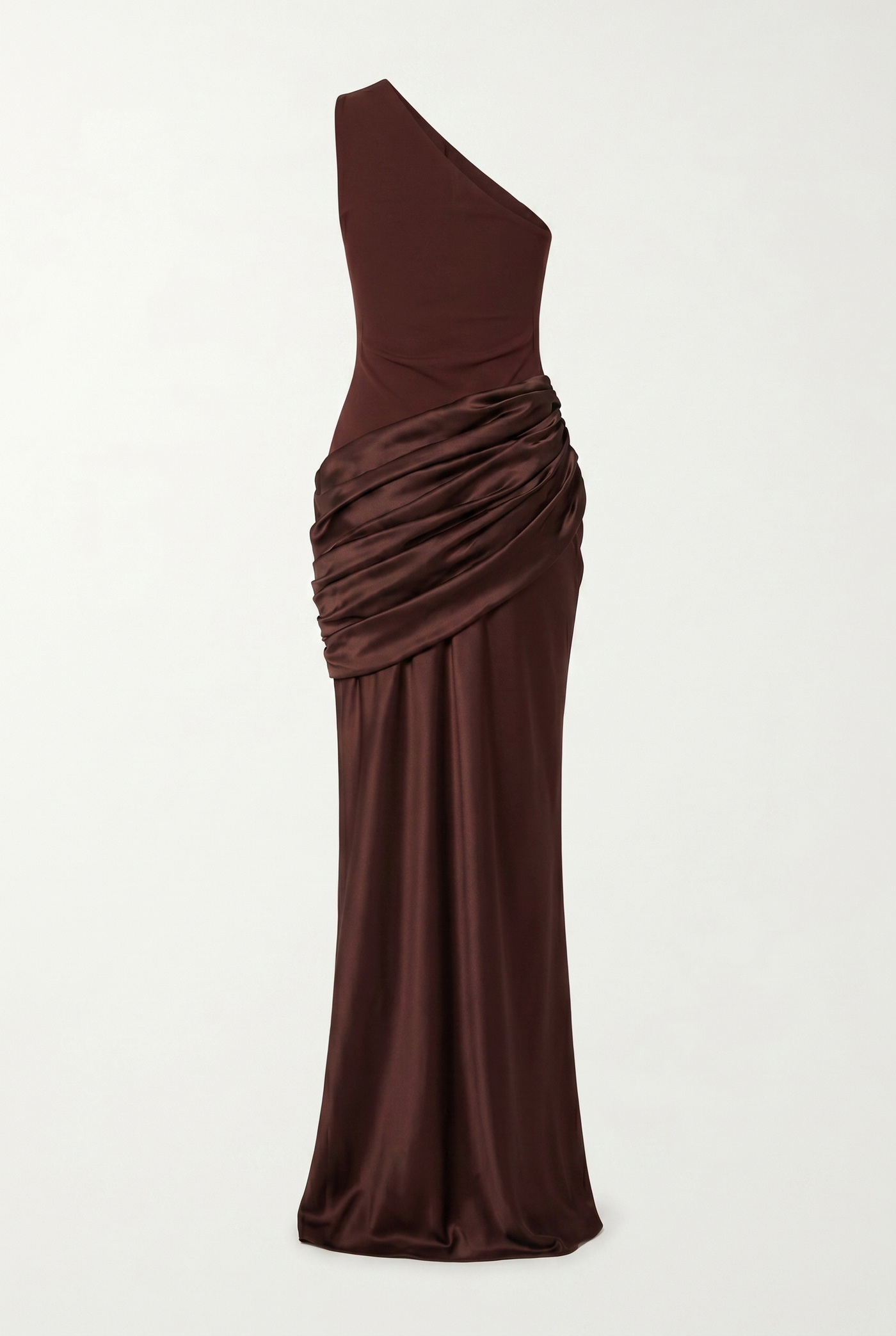 Liliane Asymmetric Draped Satin Maxi Dress – Brown