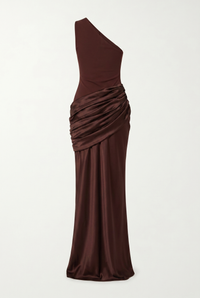 Liliane Asymmetric Draped Satin Maxi Dress – Brown