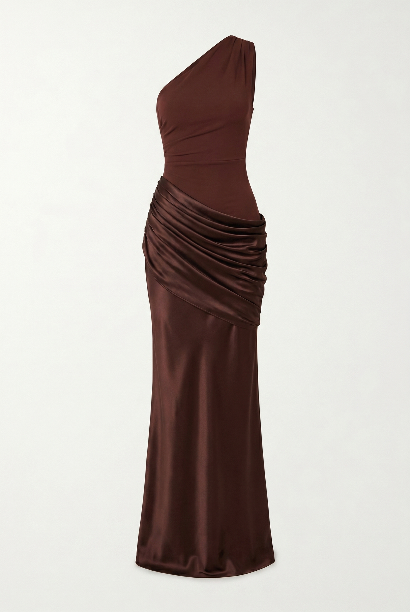 Liliane Asymmetric Draped Satin Maxi Dress – Brown