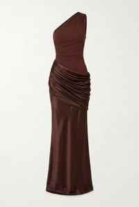 Liliane Asymmetric Draped Satin Maxi Dress – Brown