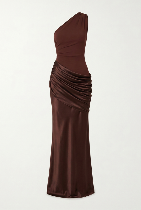 Liliane Asymmetric Draped Satin Maxi Dress – Brown