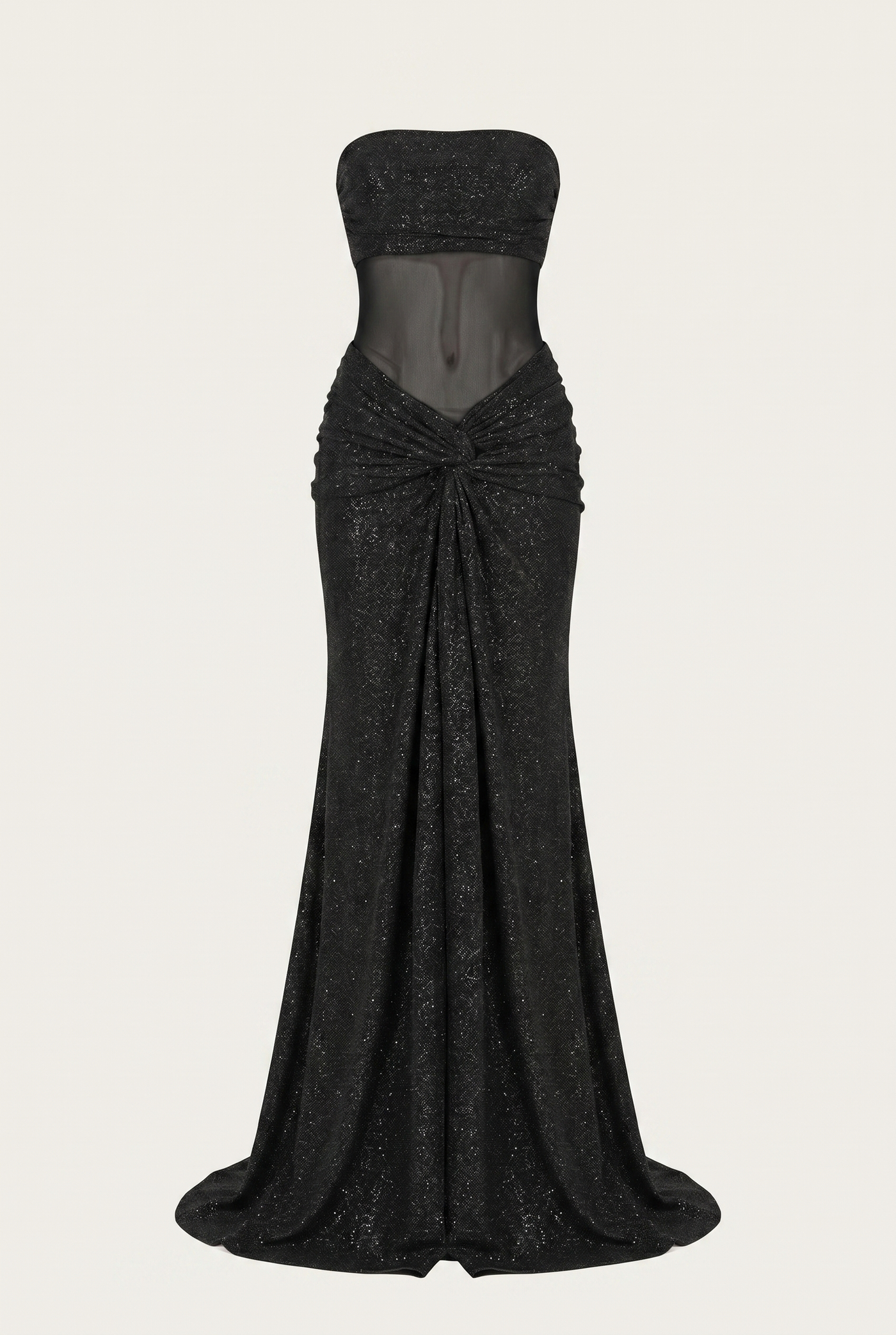 Lorena Sheer Panel Glitter Maxi Dress with Scarf – Black