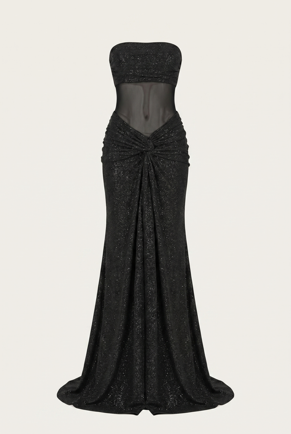 Lorena Sheer Panel Glitter Maxi Dress with Scarf – Black