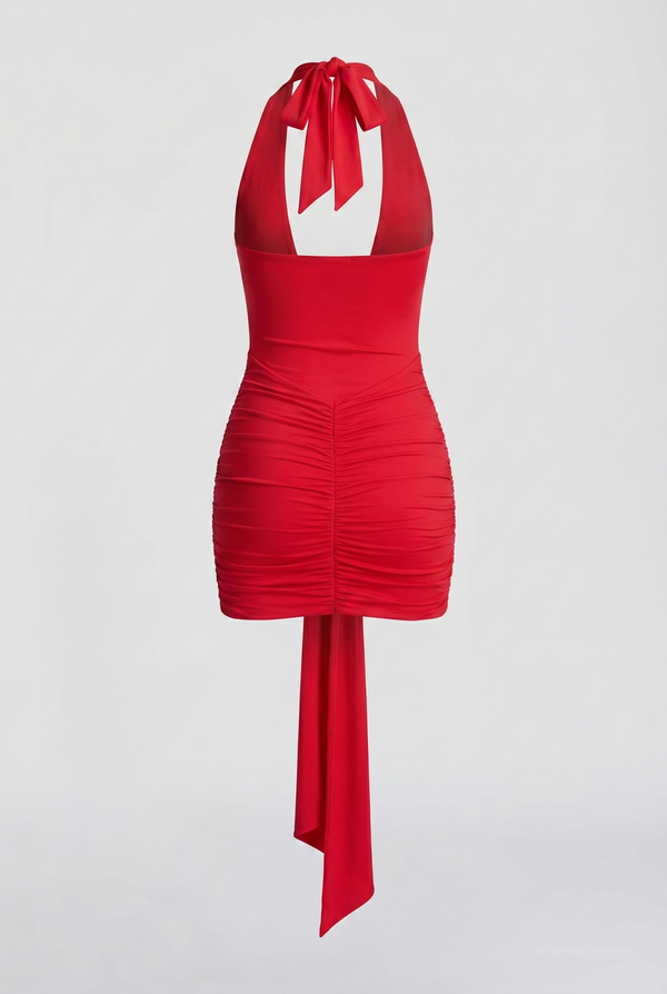 Marcel Ruched Halter Mini Dress – Red