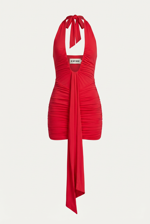 Marcel Ruched Halter Mini Dress – Red