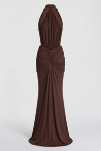 Millie Halter Neck Ruched Maxi Dress – Brown