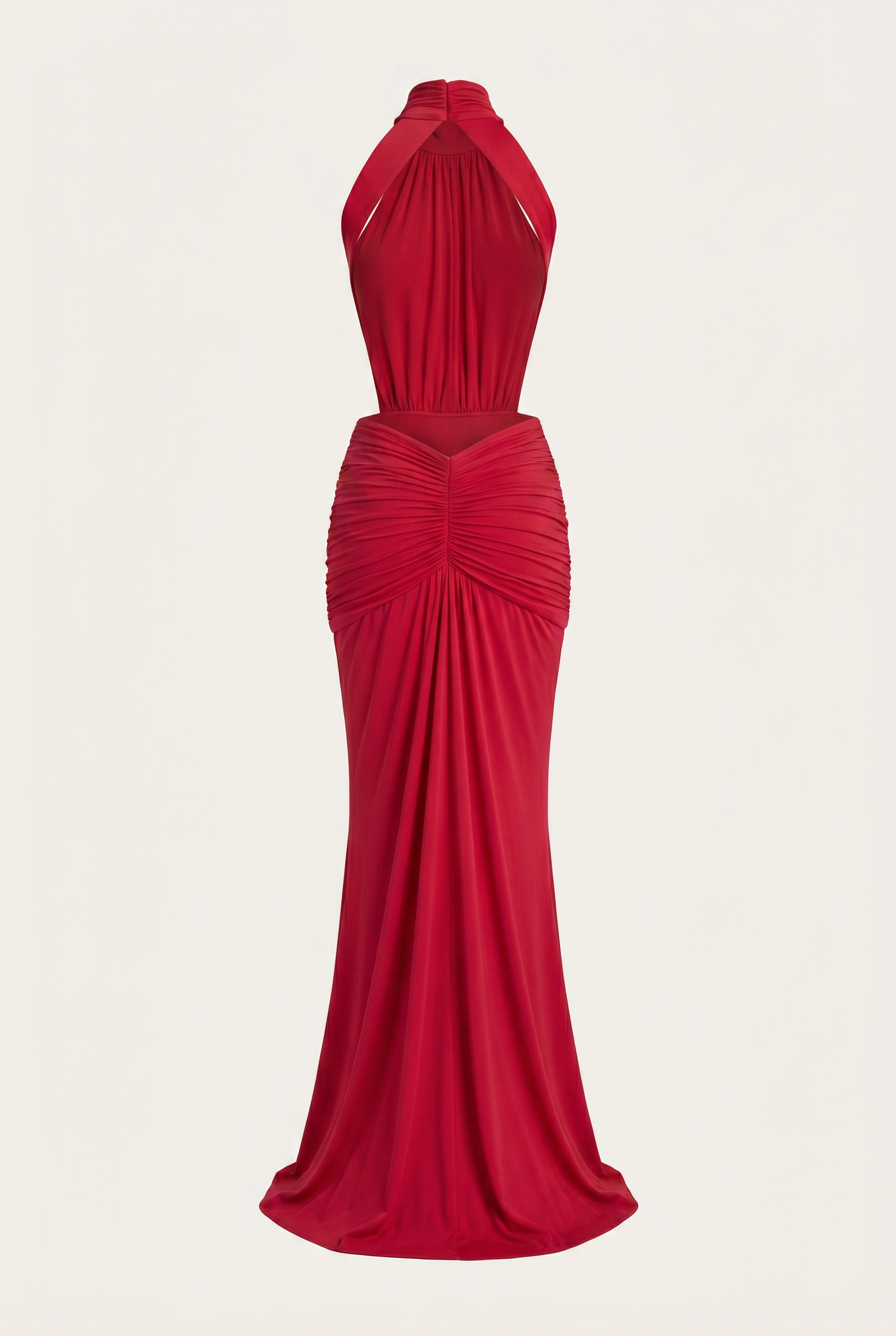 Millie Halter Neck Ruched Maxi Dress – Red