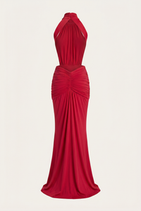 Millie Halter Neck Ruched Maxi Dress – Red