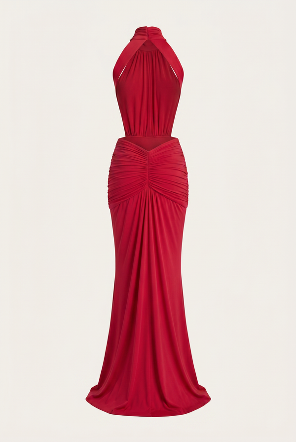 Millie Halter Neck Ruched Maxi Dress – Red