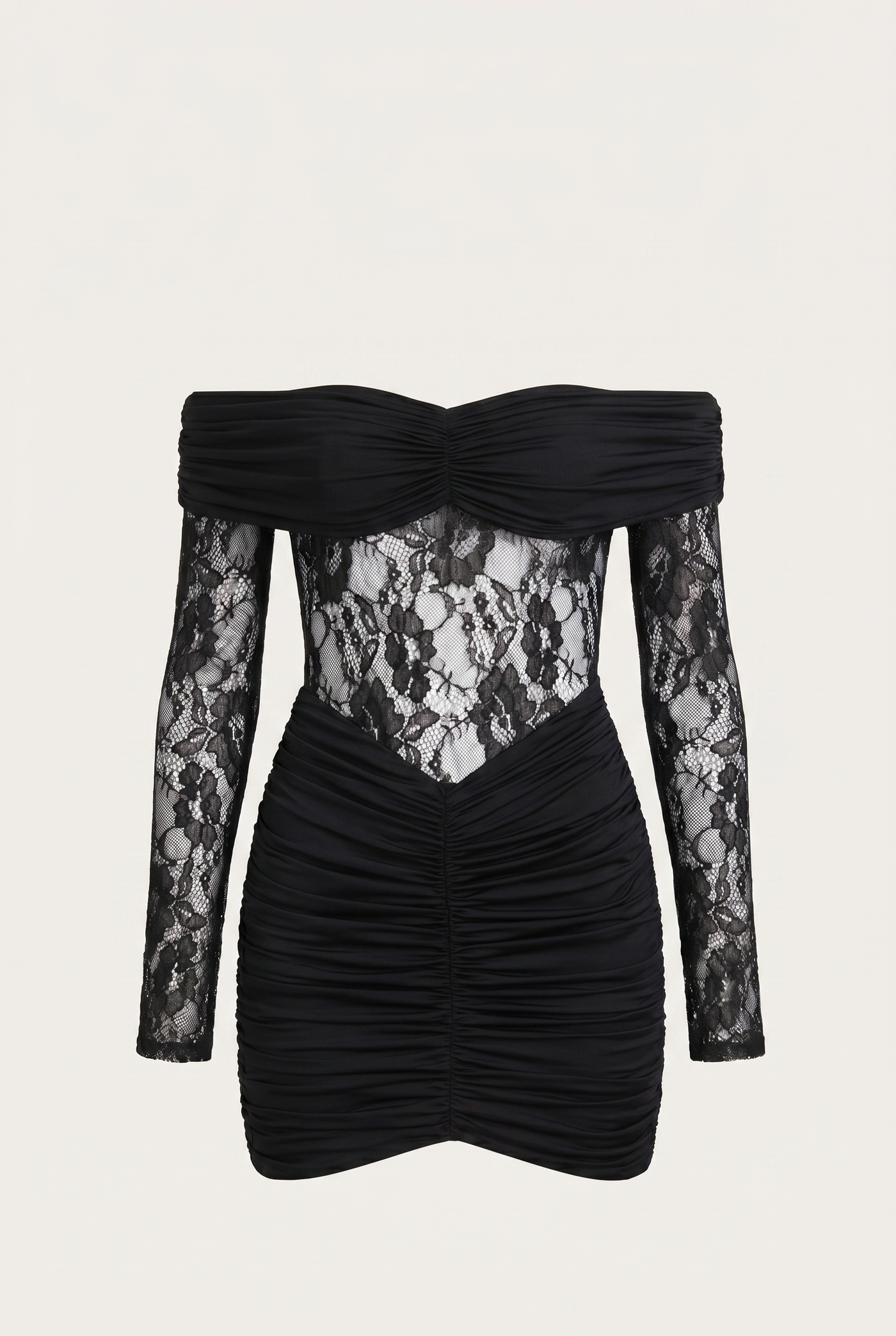 Marie Off-Shoulder Ruched Mini Dress – Black