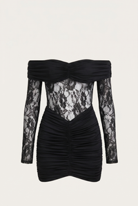 Marie Off-Shoulder Ruched Mini Dress – Black