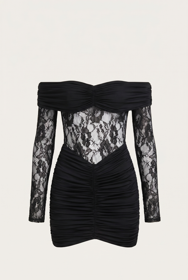 Marie Off-Shoulder Ruched Mini Dress – Black