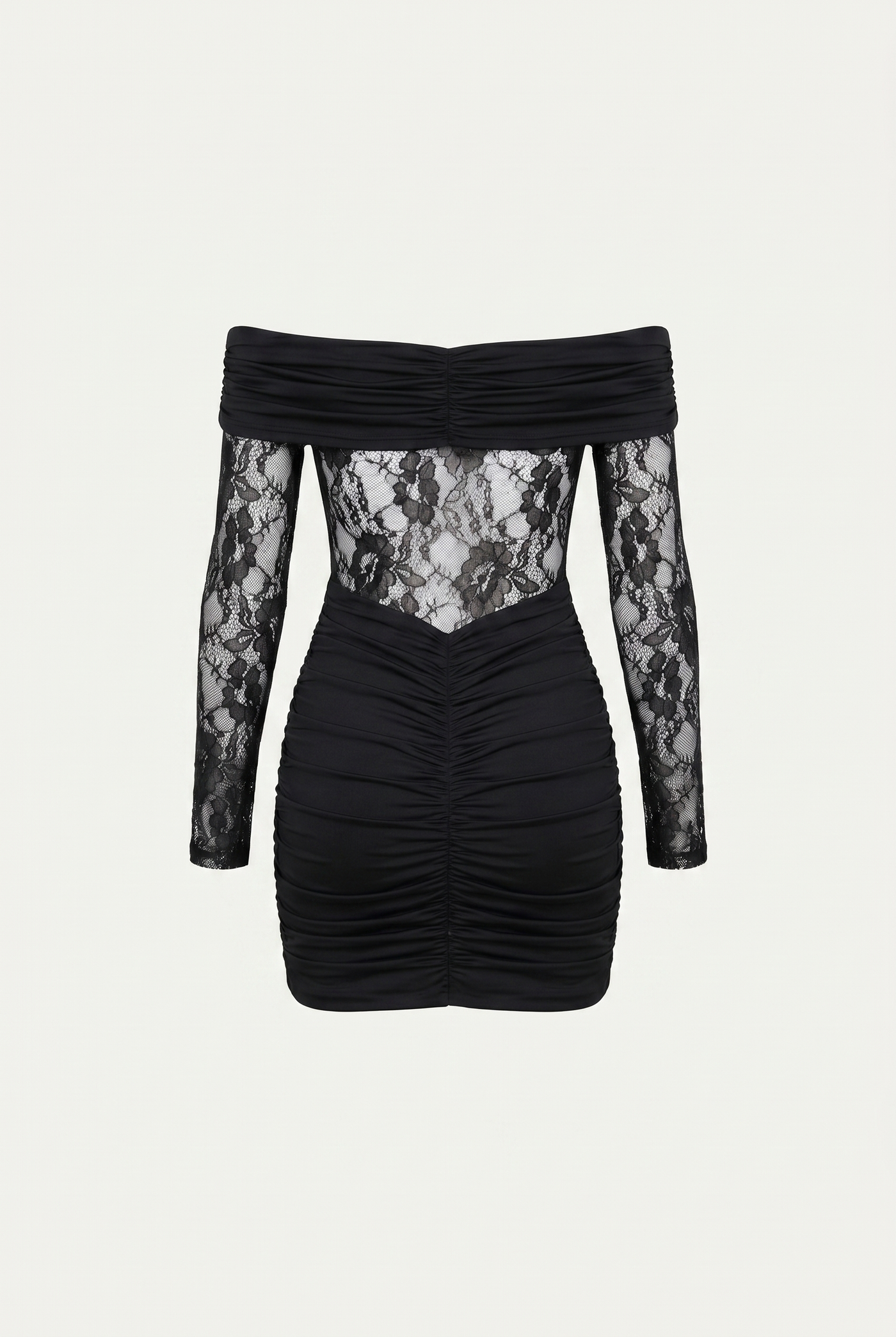 Marie Off-Shoulder Ruched Mini Dress – Black