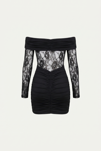 Marie Off-Shoulder Ruched Mini Dress – Black