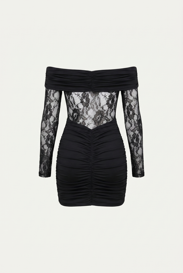 Marie Off-Shoulder Ruched Mini Dress – Black