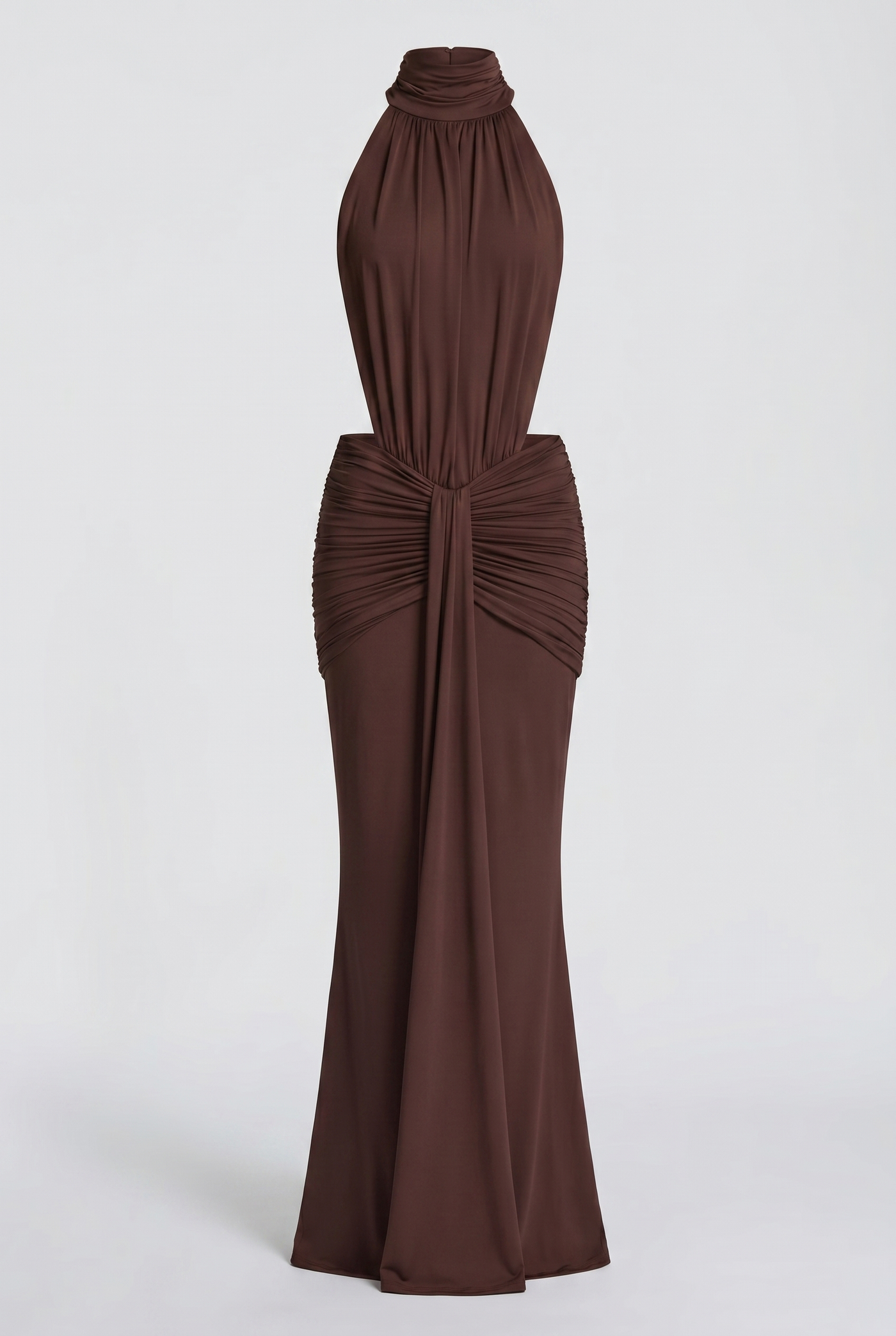 Millie Halter Neck Ruched Maxi Dress – Brown