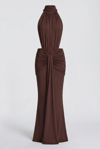 Millie Halter Neck Ruched Maxi Dress – Brown