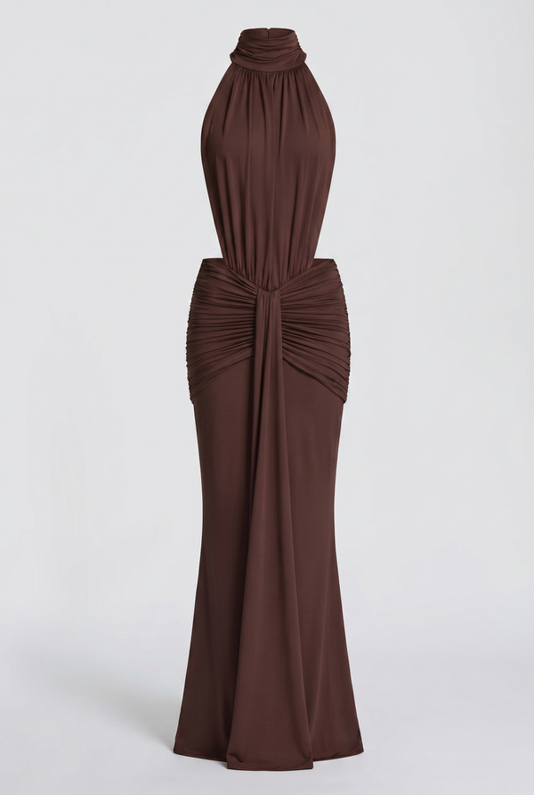 Millie Halter Neck Ruched Maxi Dress – Brown