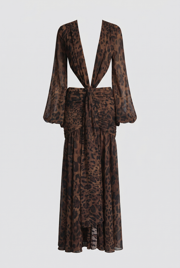 Raya Ruched Cut-Out Maxi Dress – Leopard