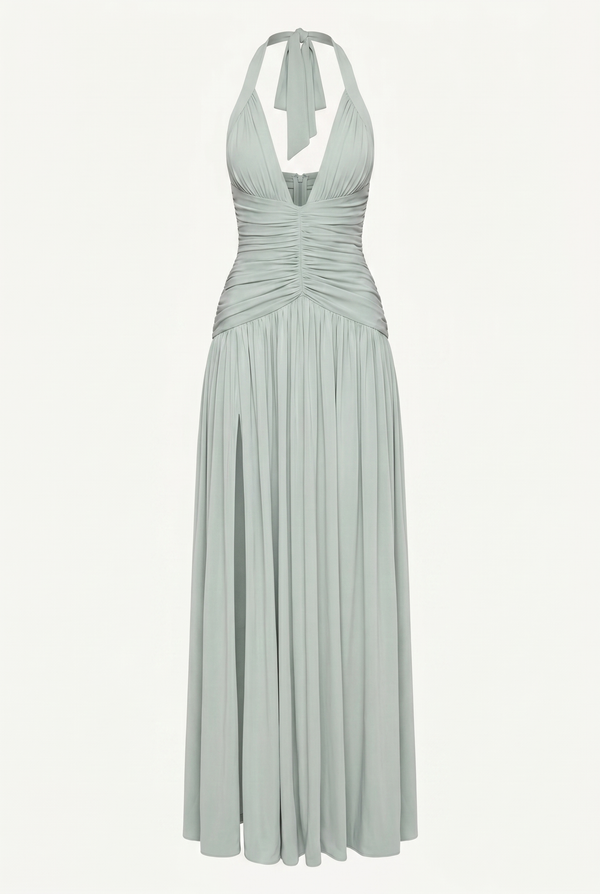 Rian Halter Ruched Maxi Dress – Sage