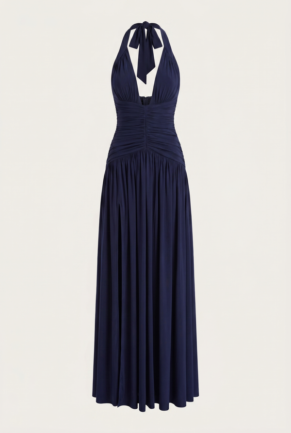Rian Halter Ruched Maxi Dress – Navy Blue