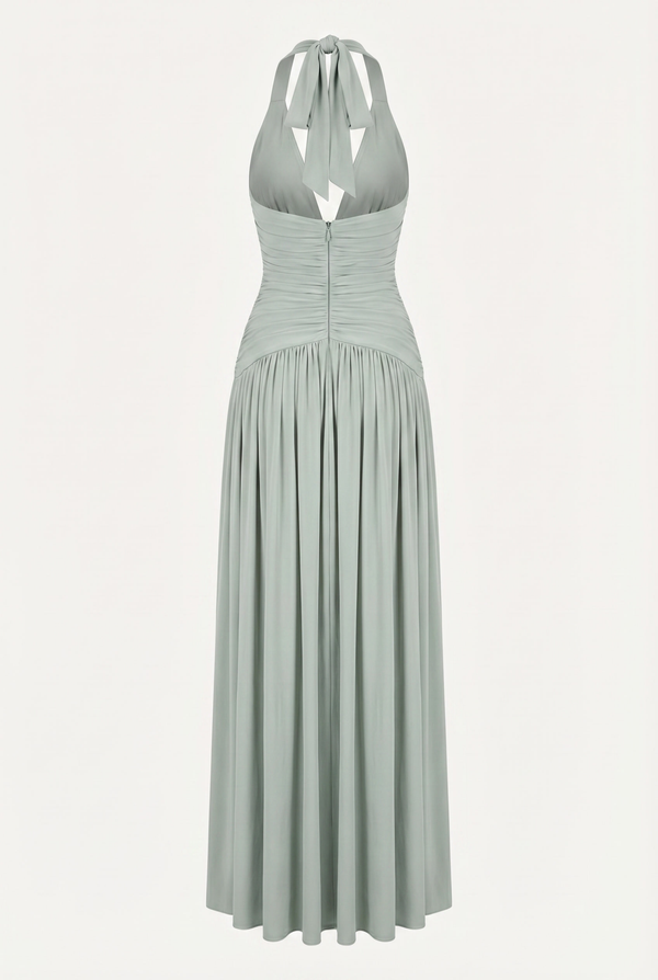Rian Halter Ruched Maxi Dress – Sage