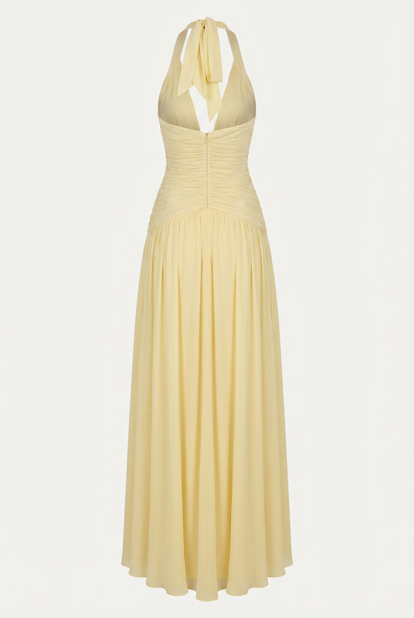 Rian Halter Ruched Maxi Dress – Yellow
