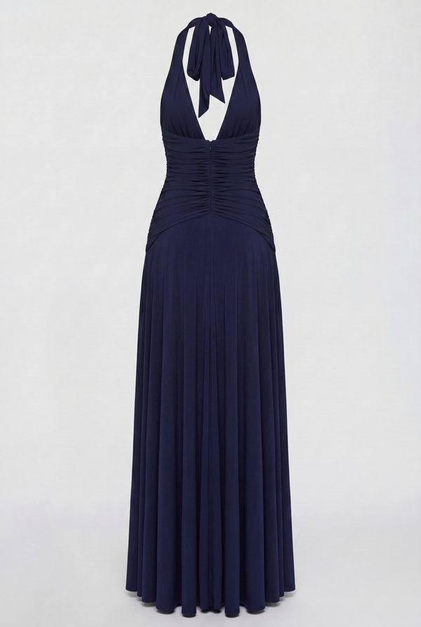 Rian Halter Ruched Maxi Dress – Navy Blue