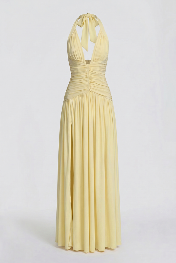 Rian Halter Ruched Maxi Dress – Yellow