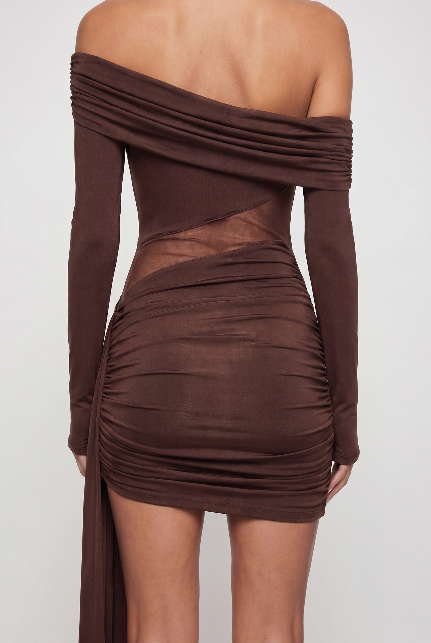 Roxanne Sheer Ruched Mini Dress – Brown