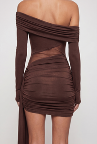 Roxanne Sheer Ruched Mini Dress – Brown
