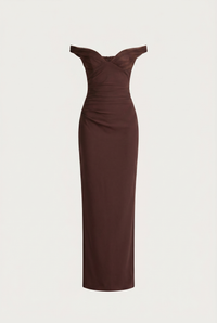Serena Off-Shoulder Maxi Dress with Scarf – Brown