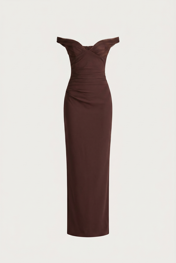 Serena Off-Shoulder Maxi Dress with Scarf – Brown