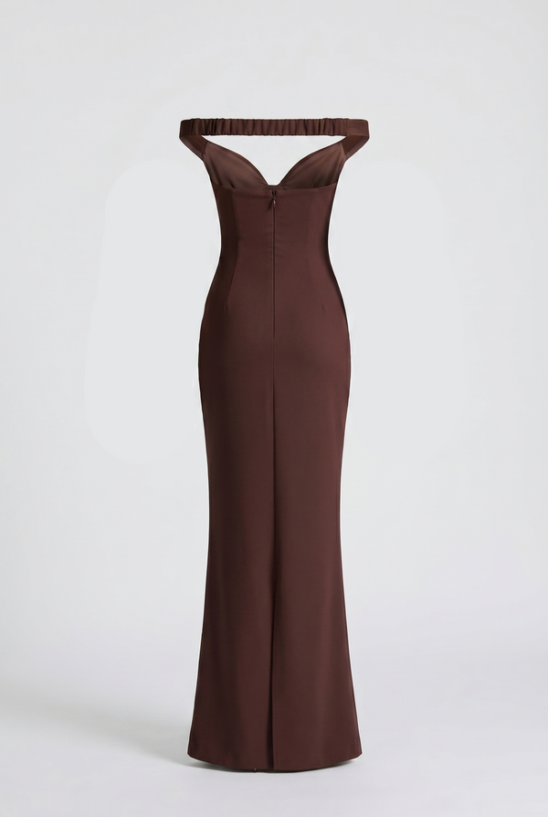 Serena Off-Shoulder Maxi Dress with Scarf – Brown