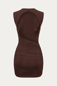 Stacie Asymmetric Draped Mini Dress – Brown