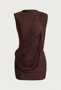 Stacie Asymmetric Draped Mini Dress – Brown
