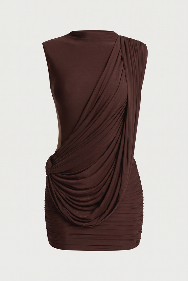 Stacie Asymmetric Draped Mini Dress – Brown