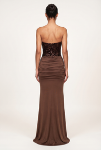 Rinna Velvet Sequin Corset Maxi Dress – Brown