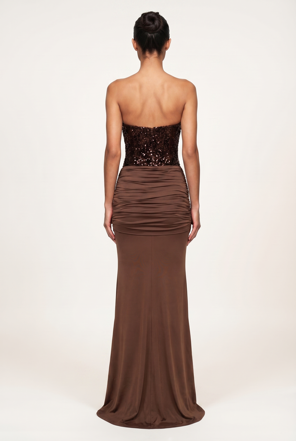 Rinna Velvet Sequin Corset Maxi Dress – Brown
