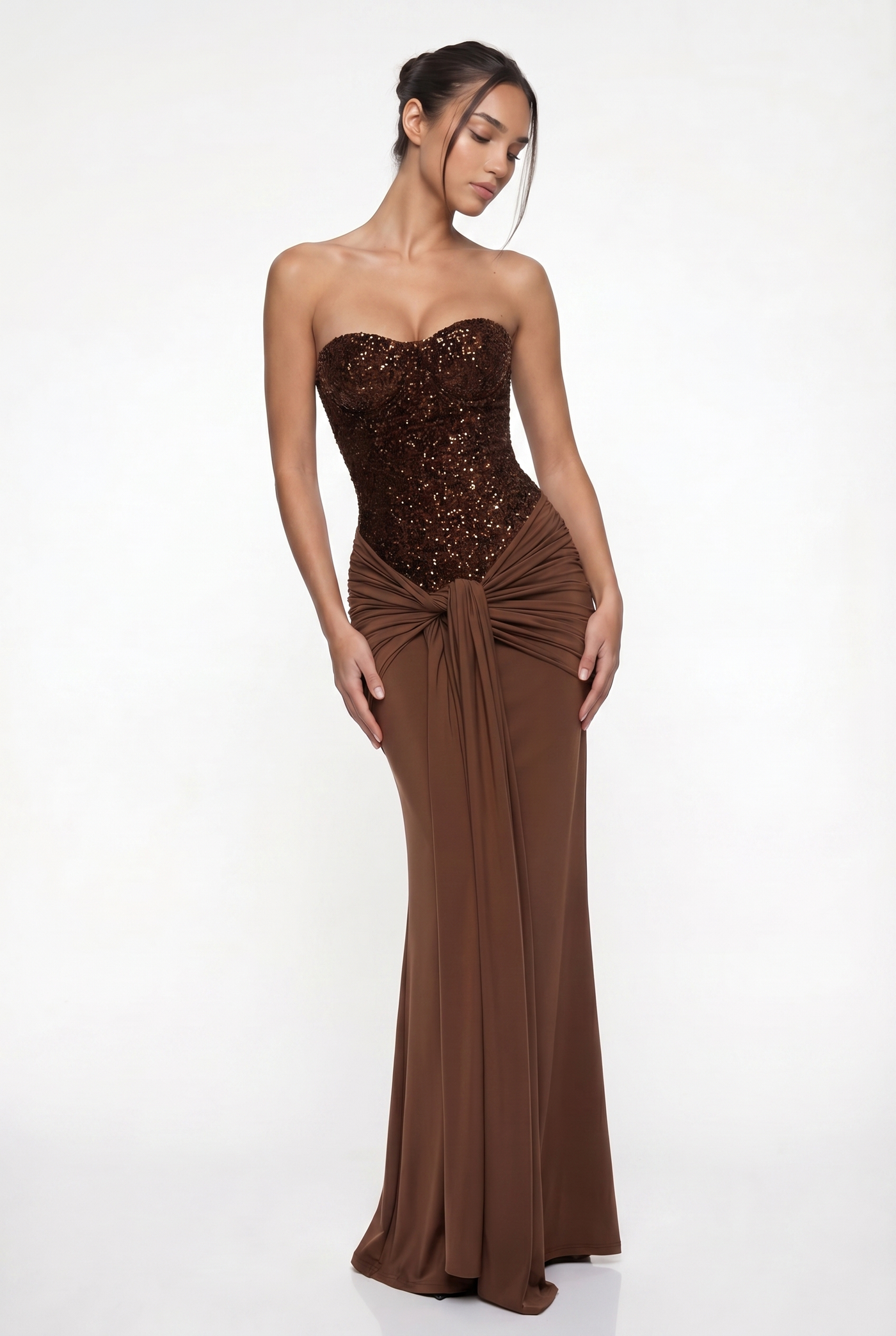 Rinna Velvet Sequin Corset Maxi Dress – Brown